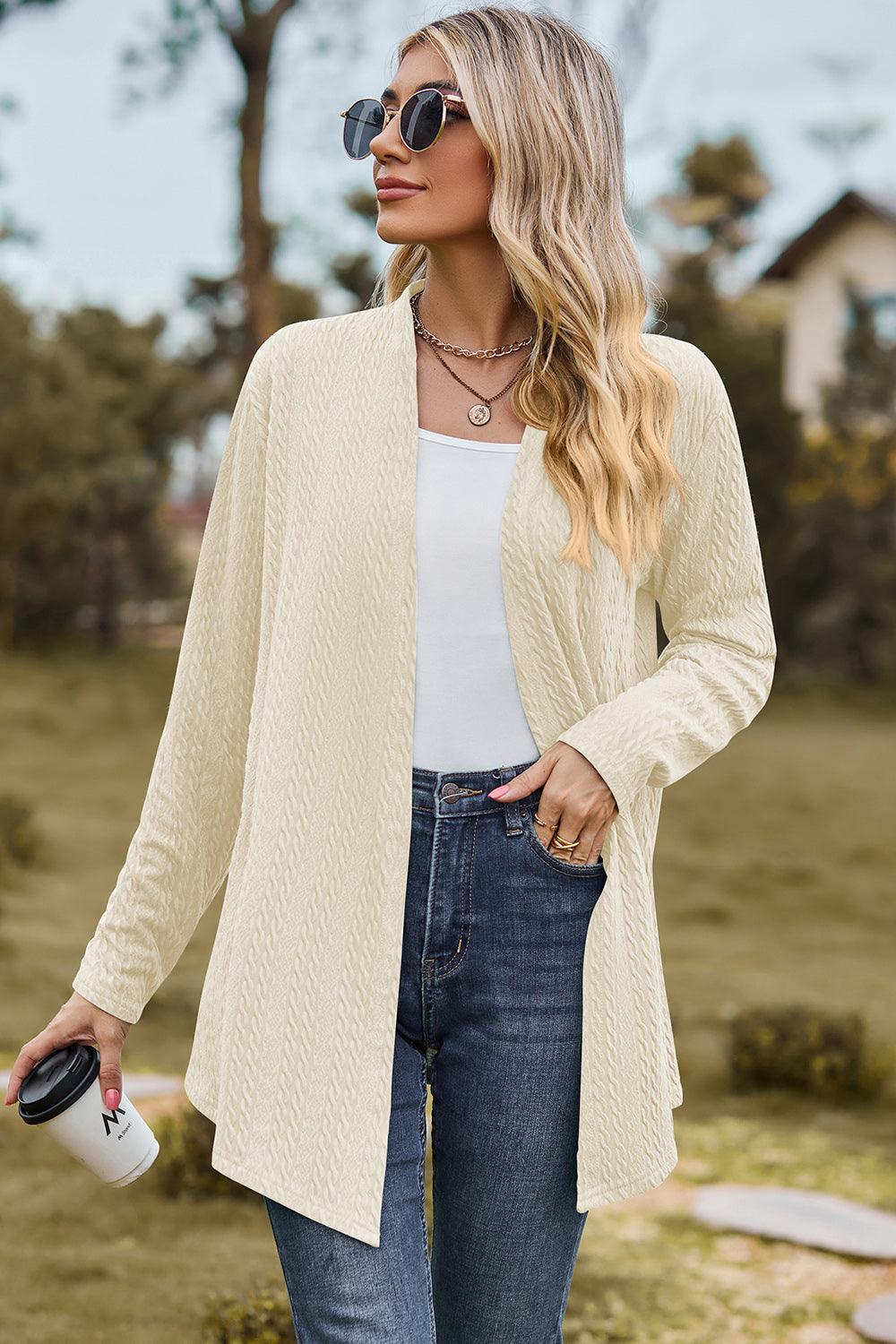 Textured Open Front Long Sleeve Cardigan Carauana Store