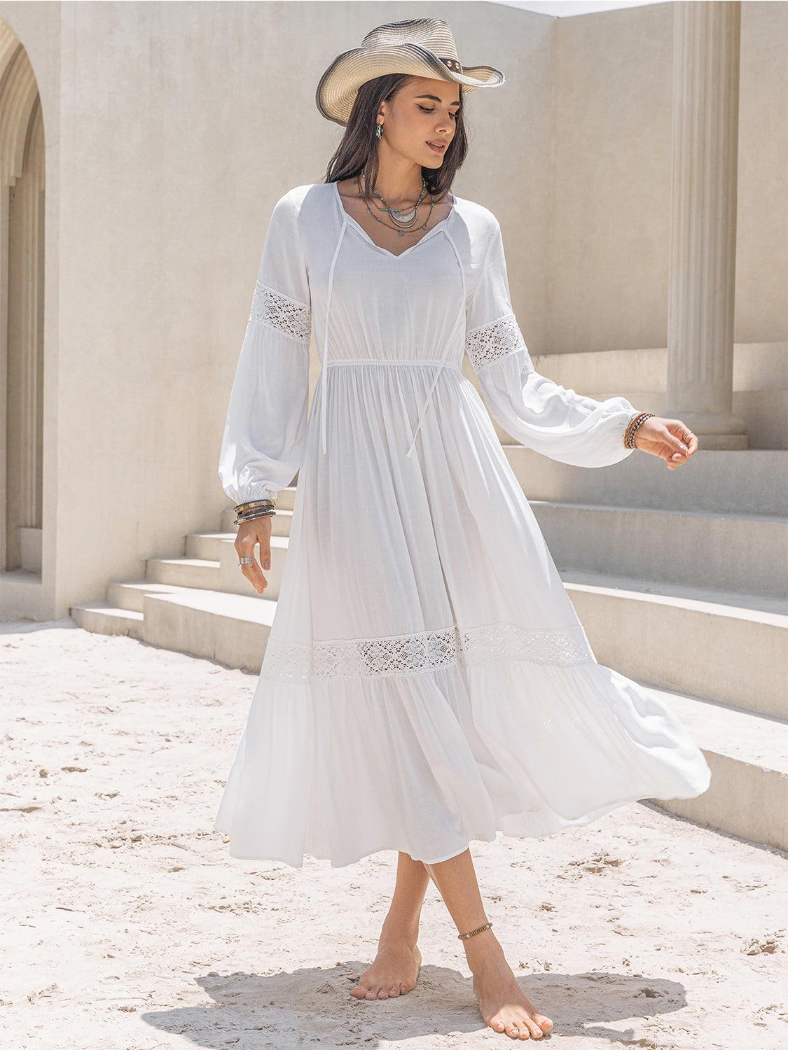 Tie Neck Balloon Sleeve Midi Dress Carauana Store