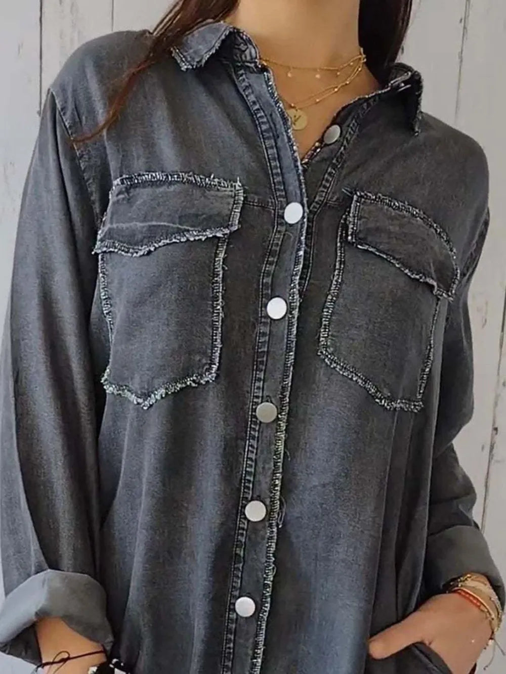 Full Size Raw Hem Button Up Long Sleeve Denim Top Plus Size Carauana Store