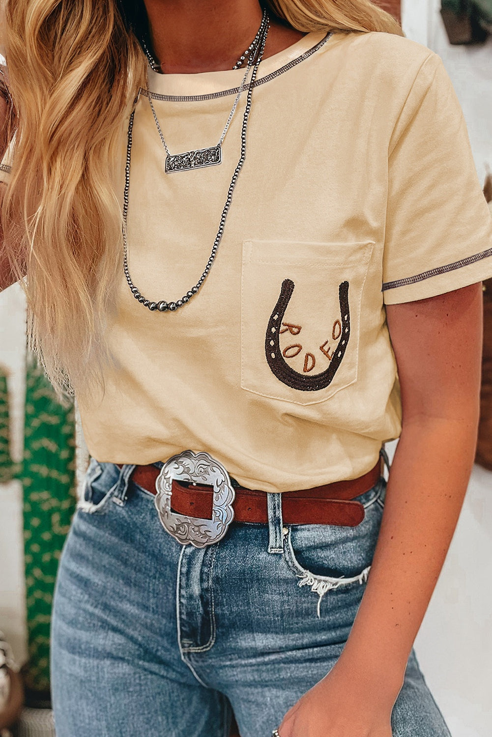 Apricot RODEO Horseshoe Embroidered Patch Pocket T Shirt