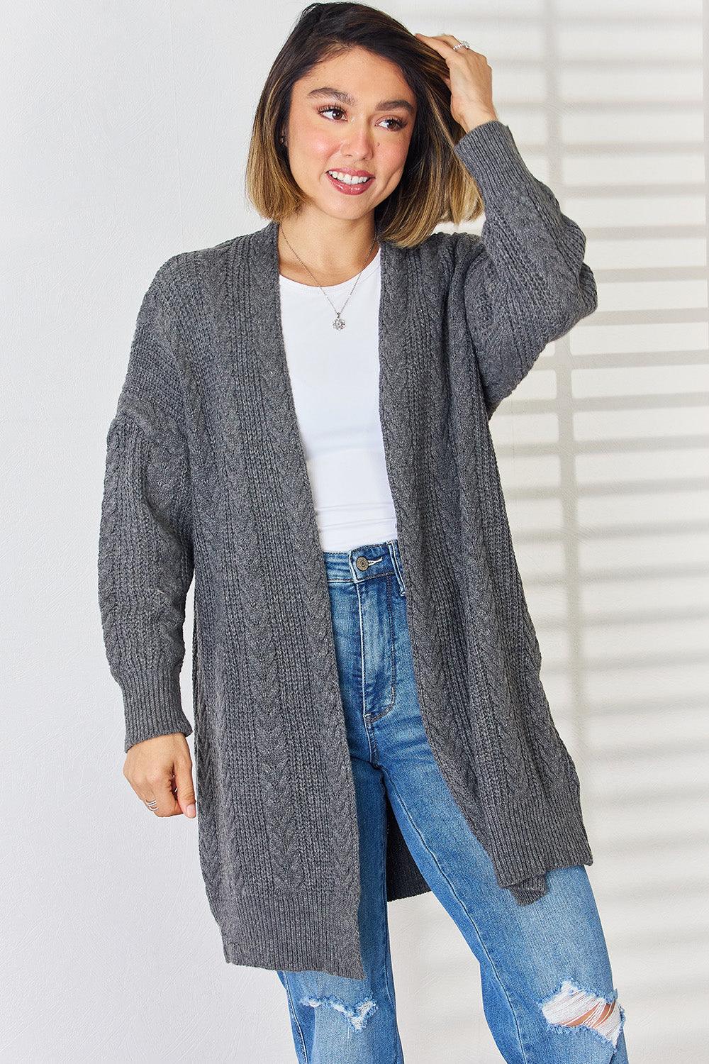 Cable-Knit Open Front Dropped Shoulder Cardigan Carauana Store