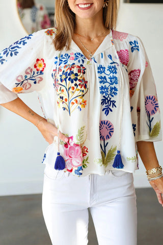 White Floral Print Tassel Tie Bracelet Sleeve Flowy Blouse