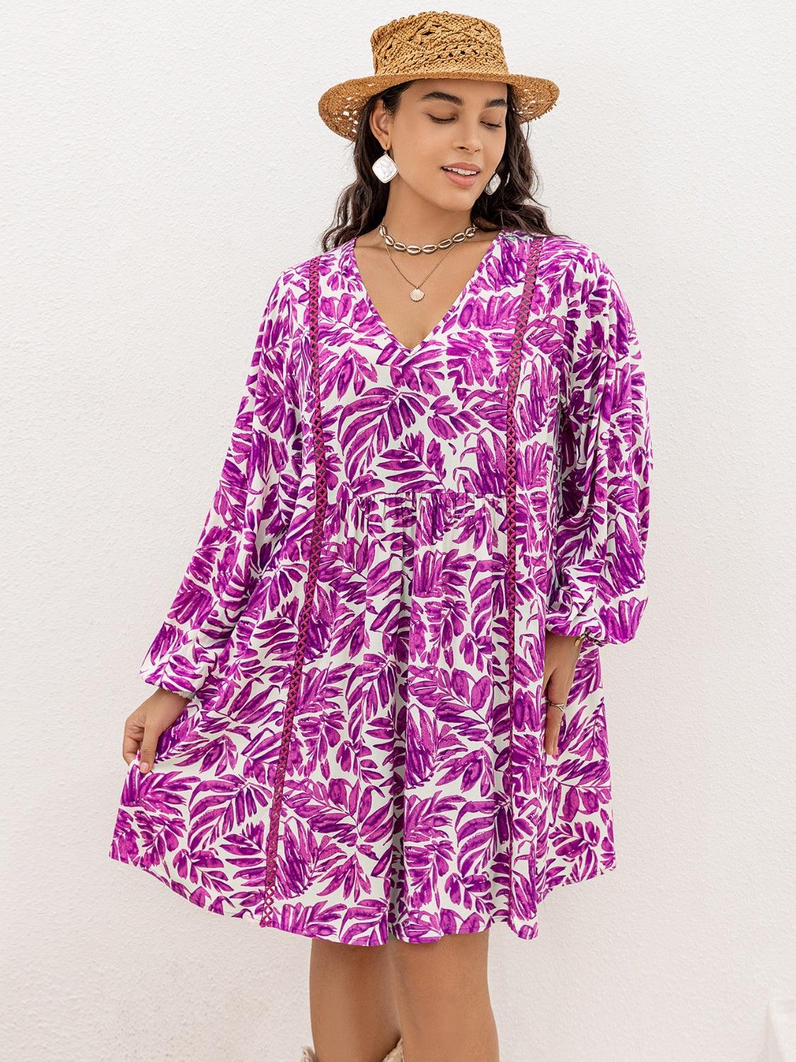 Plus Size Printed V-Neck Balloon Sleeve Mini Dress Carauana Store
