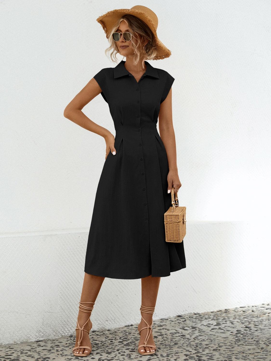 Button Up Cap Sleeve Midi Dress Carauana Store