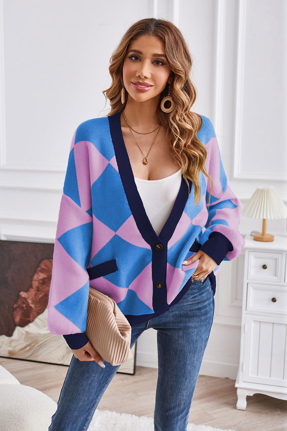 Geometric Lantern Sleeve Cardigan with Pockets Carauana Store