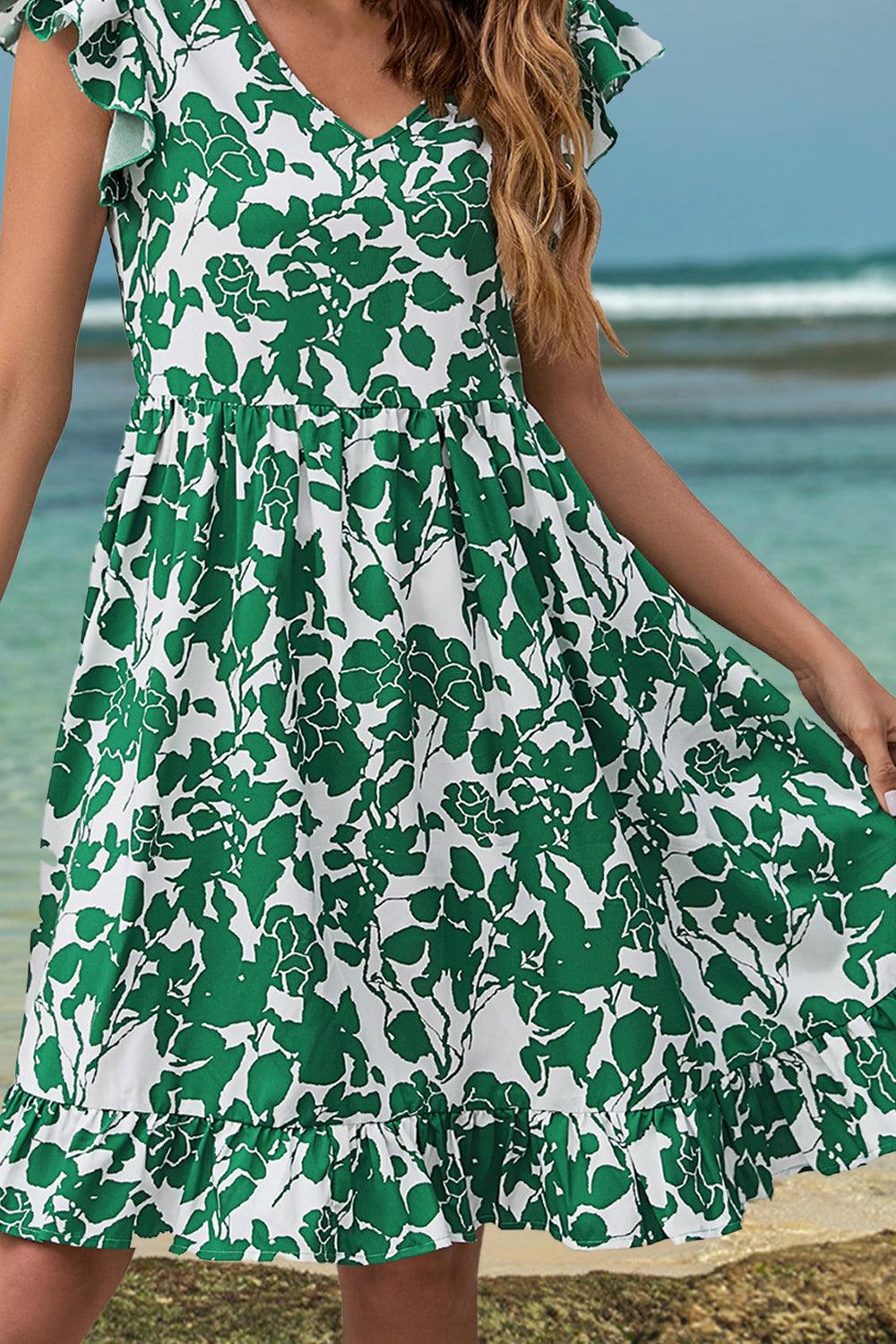 Ruffled Printed V-Neck Cap Sleeve Dress Carauana Store