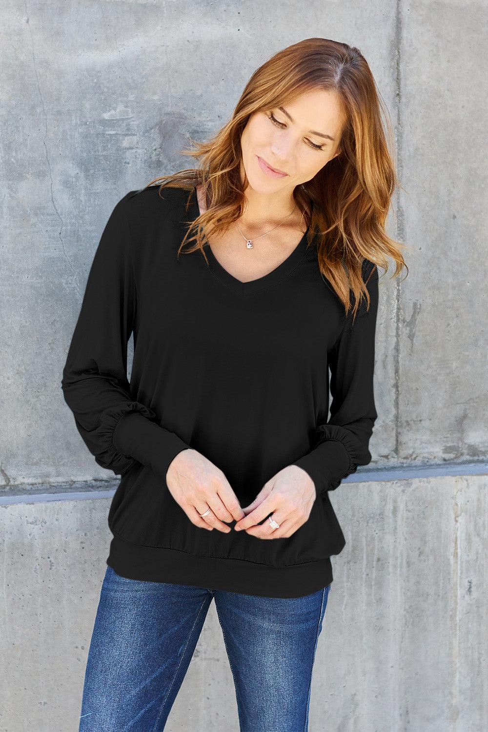 Basic Bae Full Size V-Neck Lantern Sleeve Blouse Carauana Store