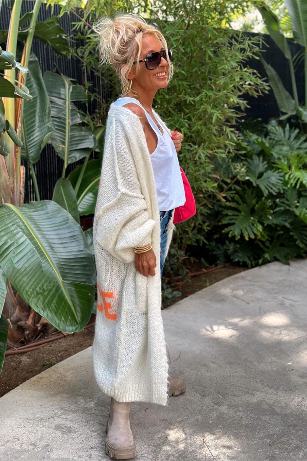 Letter Dropped Shoulder Long Sleeve Cardigan Carauana Store