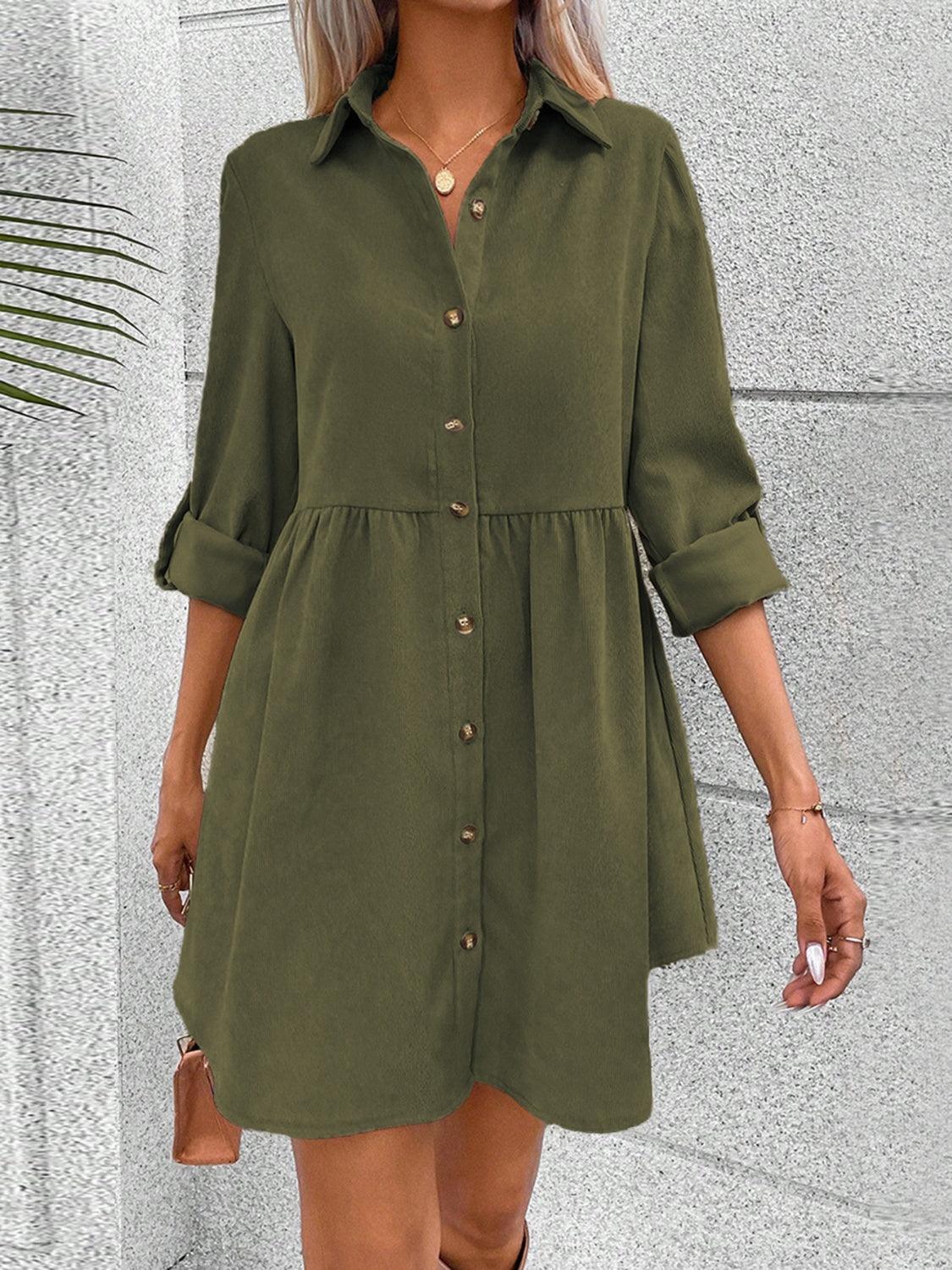 Button Up Collared Neck Long Sleeve Dress Carauana Store