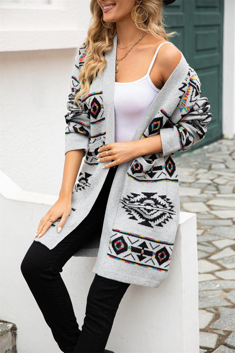 Angel Wings Pocketed Geometric Open Front Dropped Shoulder Cardigan Carauana Store