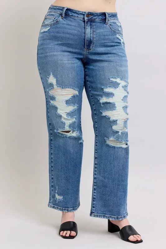 Judy Blue Full Size High Waist Heavy Destroy Straight Jeans Plus Size Carauana Store