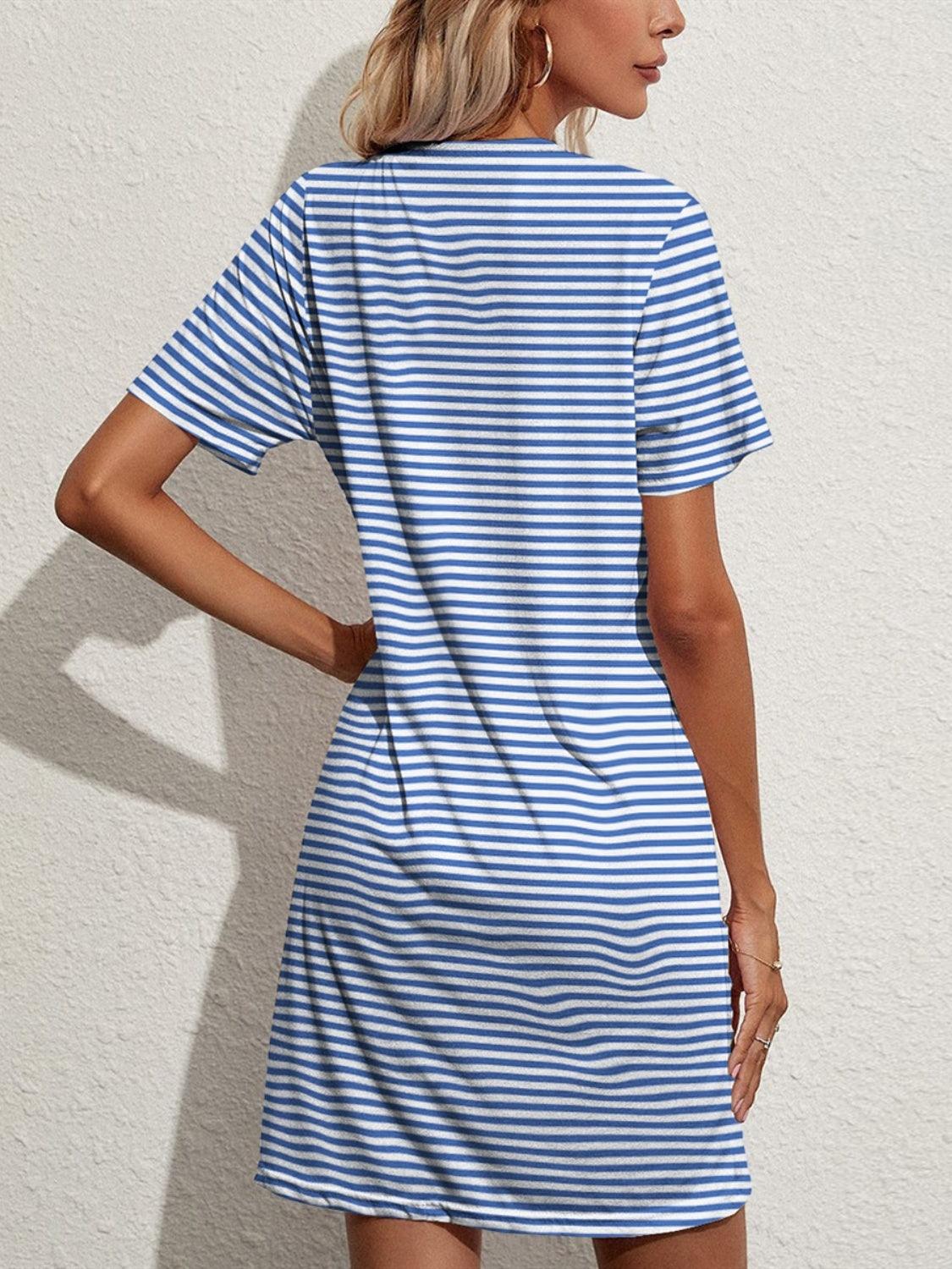 Pocketed Striped Round Neck Short Sleeve Dress Carauana Store