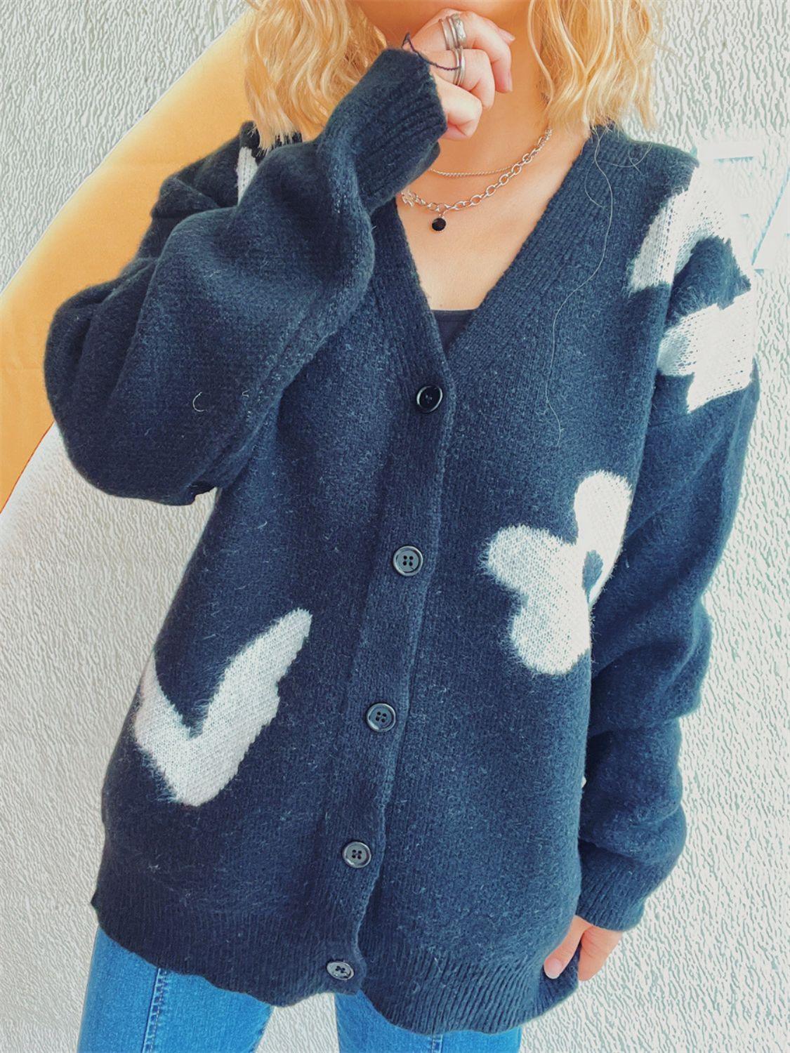 Flower Button Down V-Neck Long Sleeve Cardigan Carauana Store