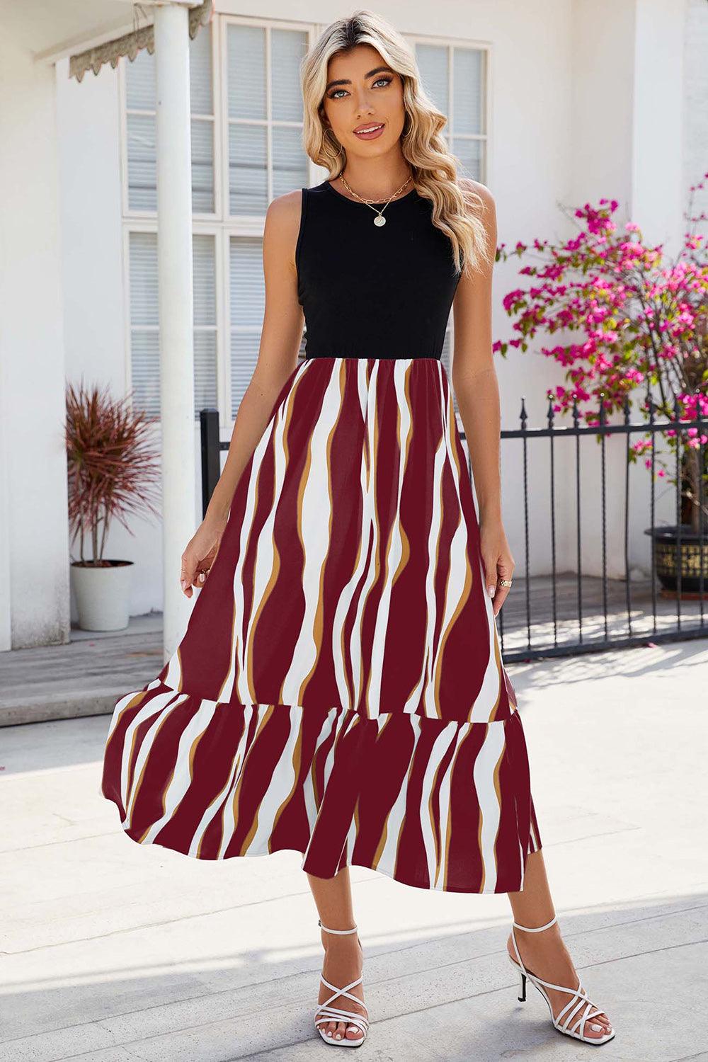Striped Round Neck Sleeveless Midi Dress Carauana Store
