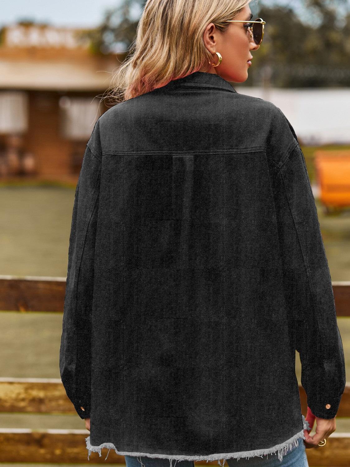 Button Up Collared Neck Raw Hem Denim Top Carauana Store