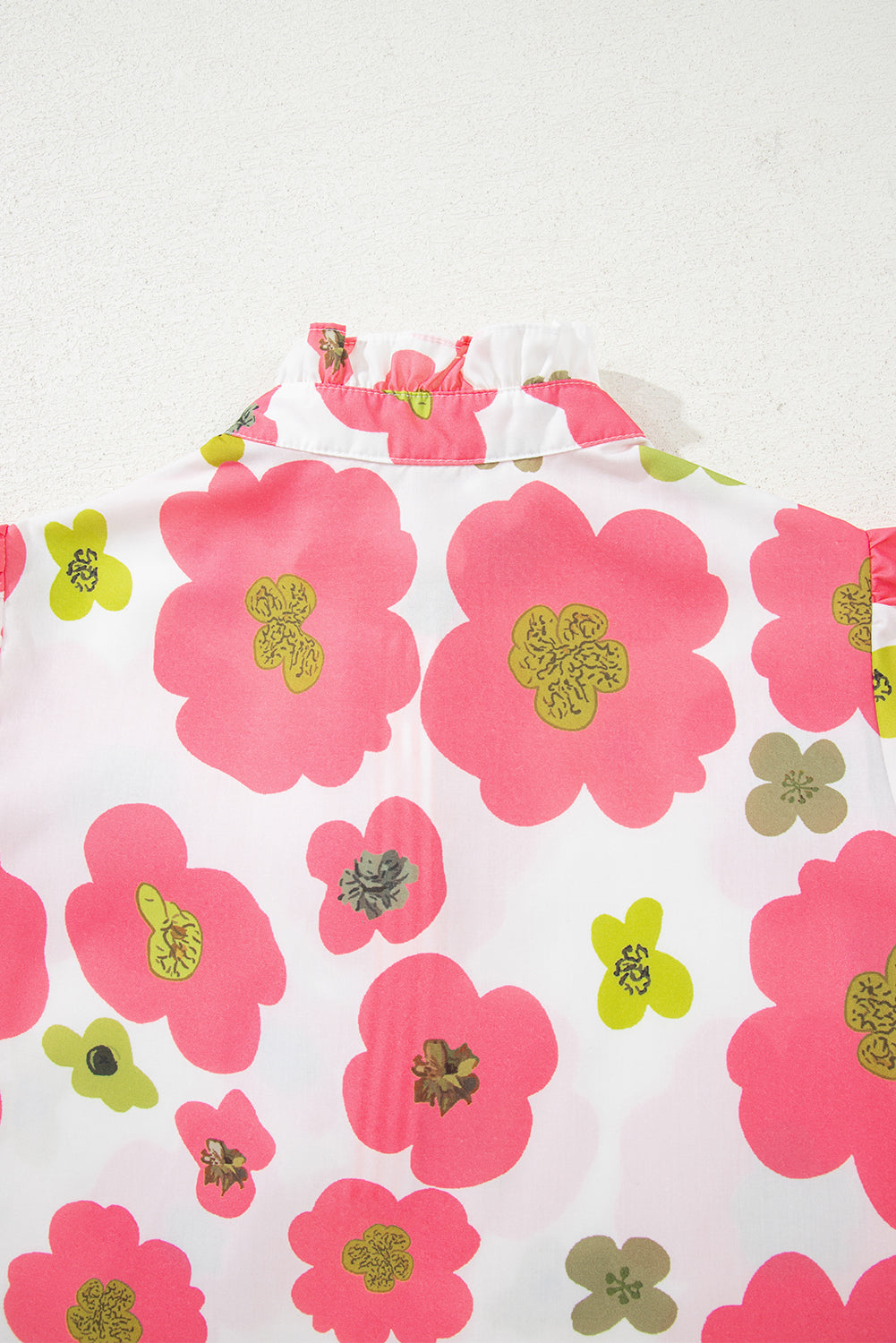 Pink Floral Ruffle Short Sleeve Striped Buttoned Collar Blouse