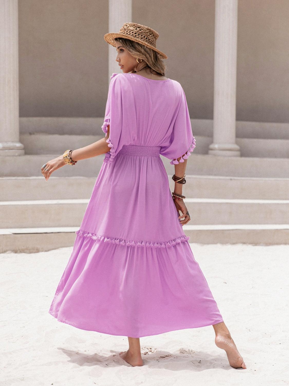 Tassel Trim Smocked V-Neck Short Sleeve Dress Carauana Store