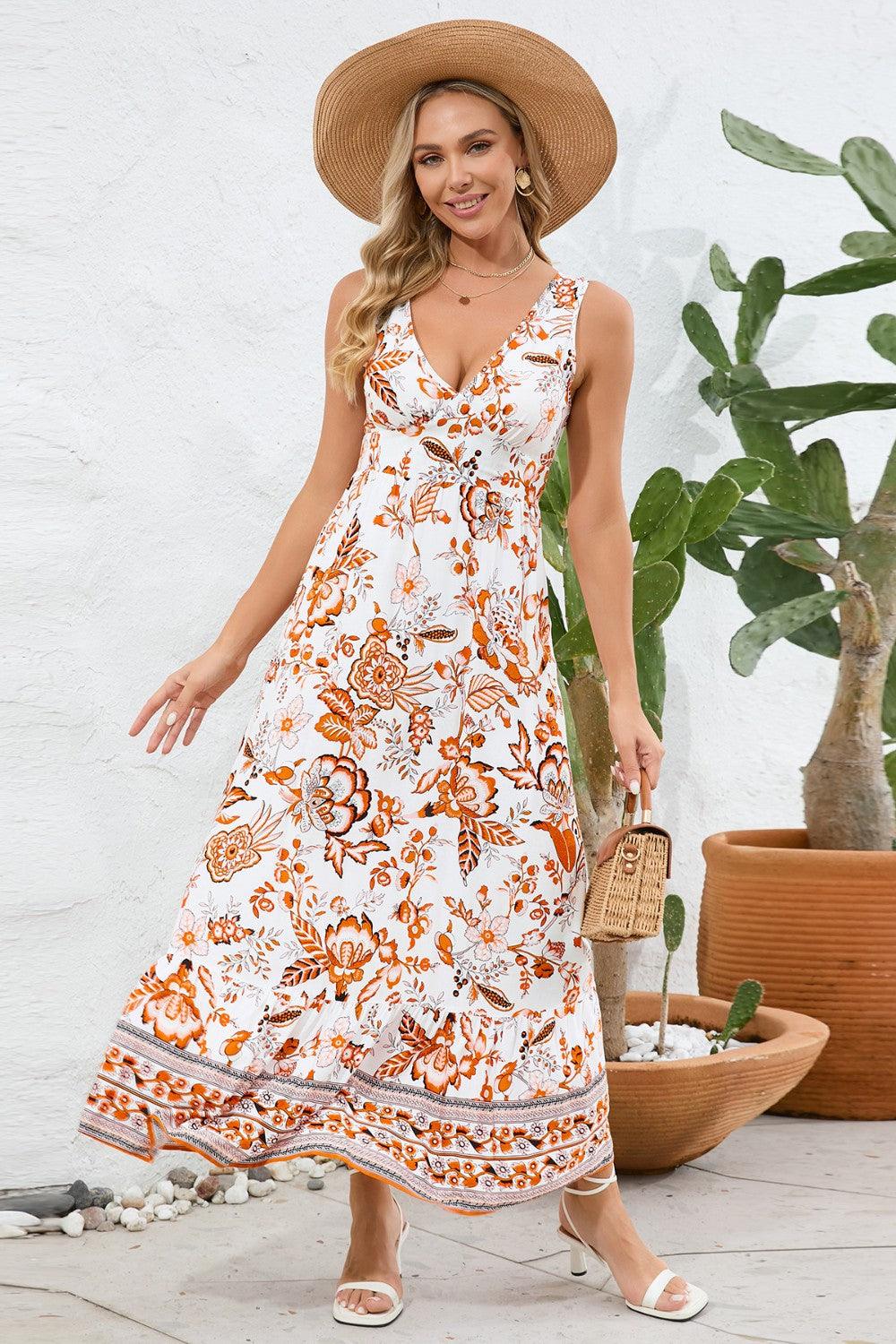 Printed V-Neck Wide Strap Dress Carauana Store