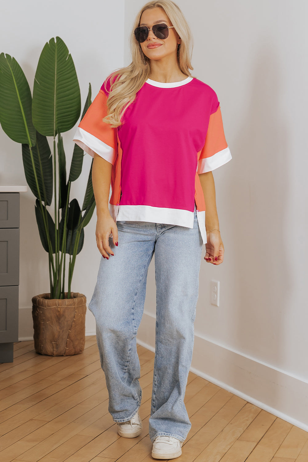 Rose Red Color Block Patchwork Side Slits Loose Fit T Shirt