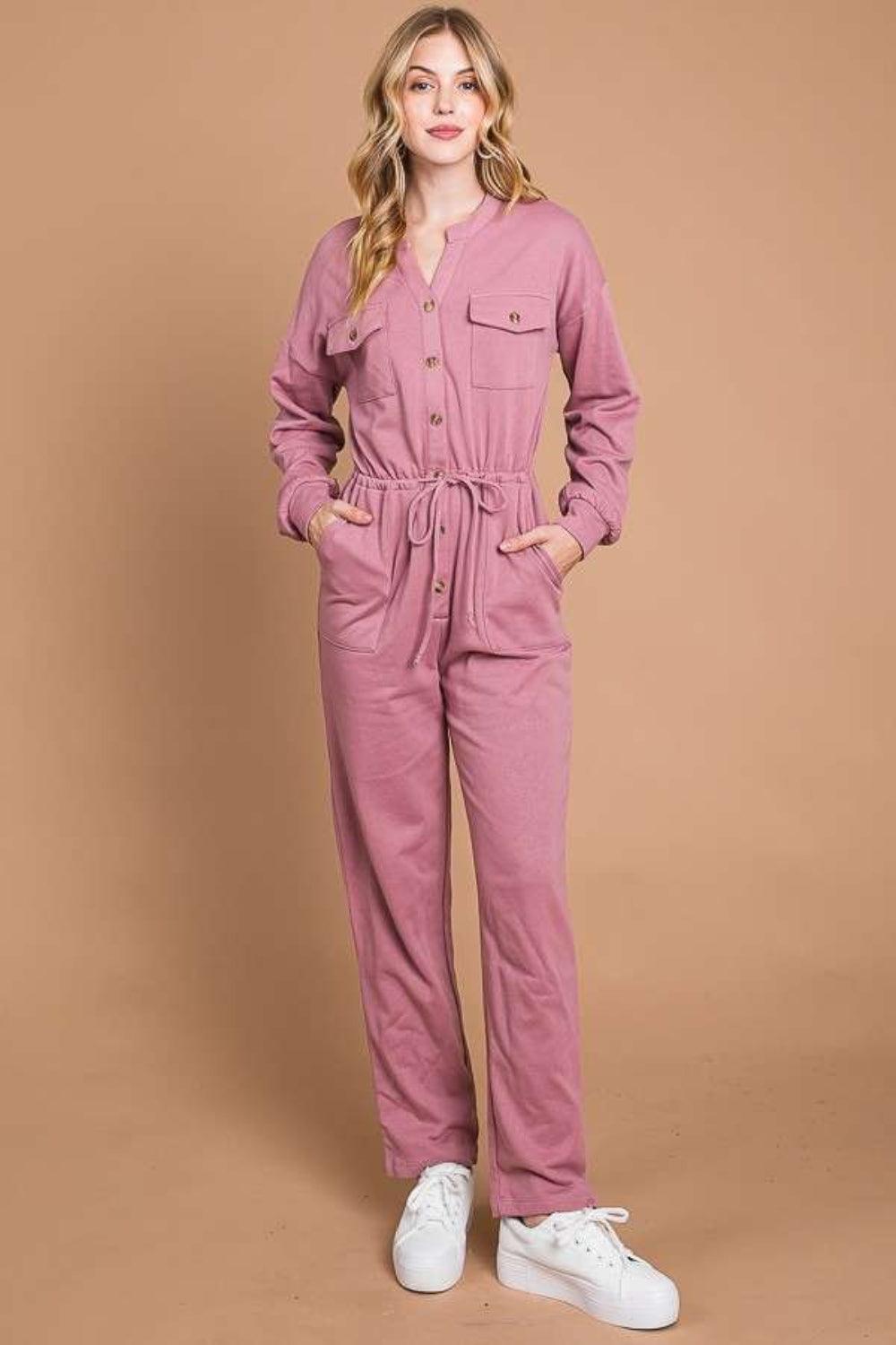 Culture Code Full Size Button Up Drawstring Waist Straight Jumpsuit Carauana Store