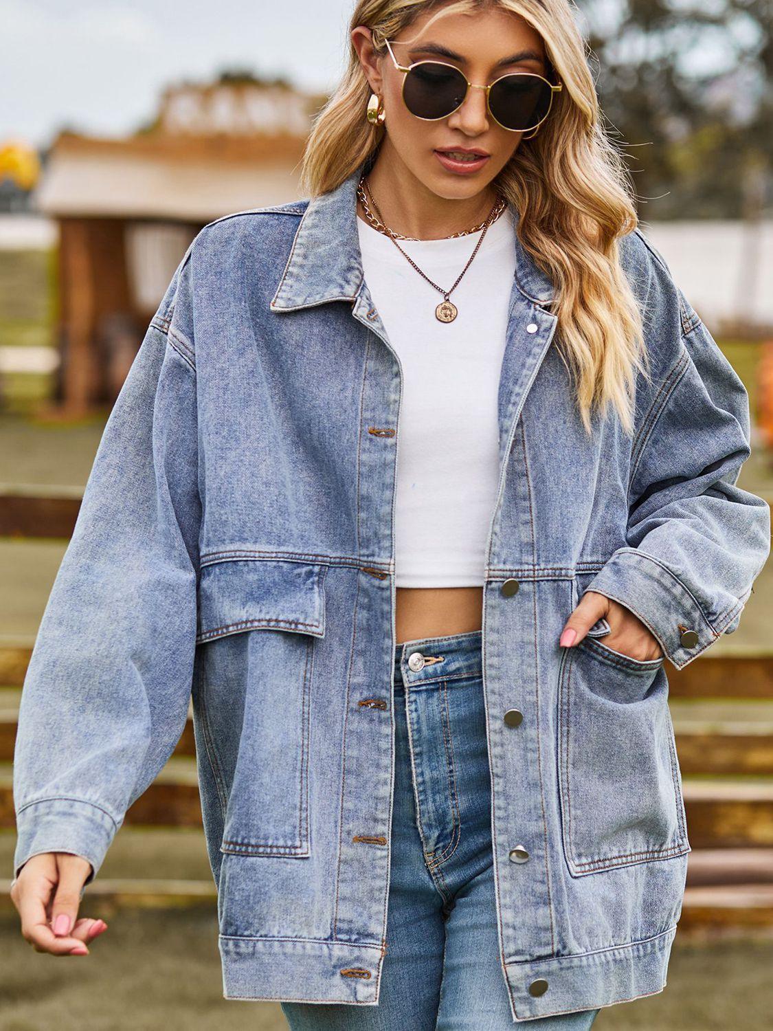 Dropped Shoulder Denim Jacket with Pockets Carauana Store