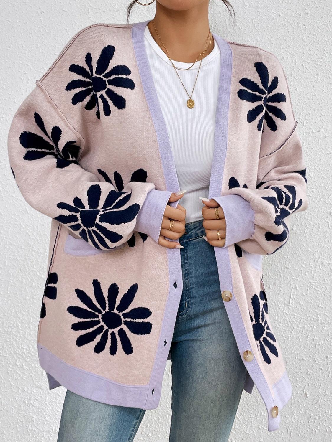 Contrast Dropped Shoulder Long Sleeve Cardigan Carauana Store