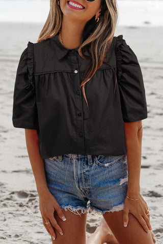 Black Frilly Puff Sleeve Stylish Collared Shirt