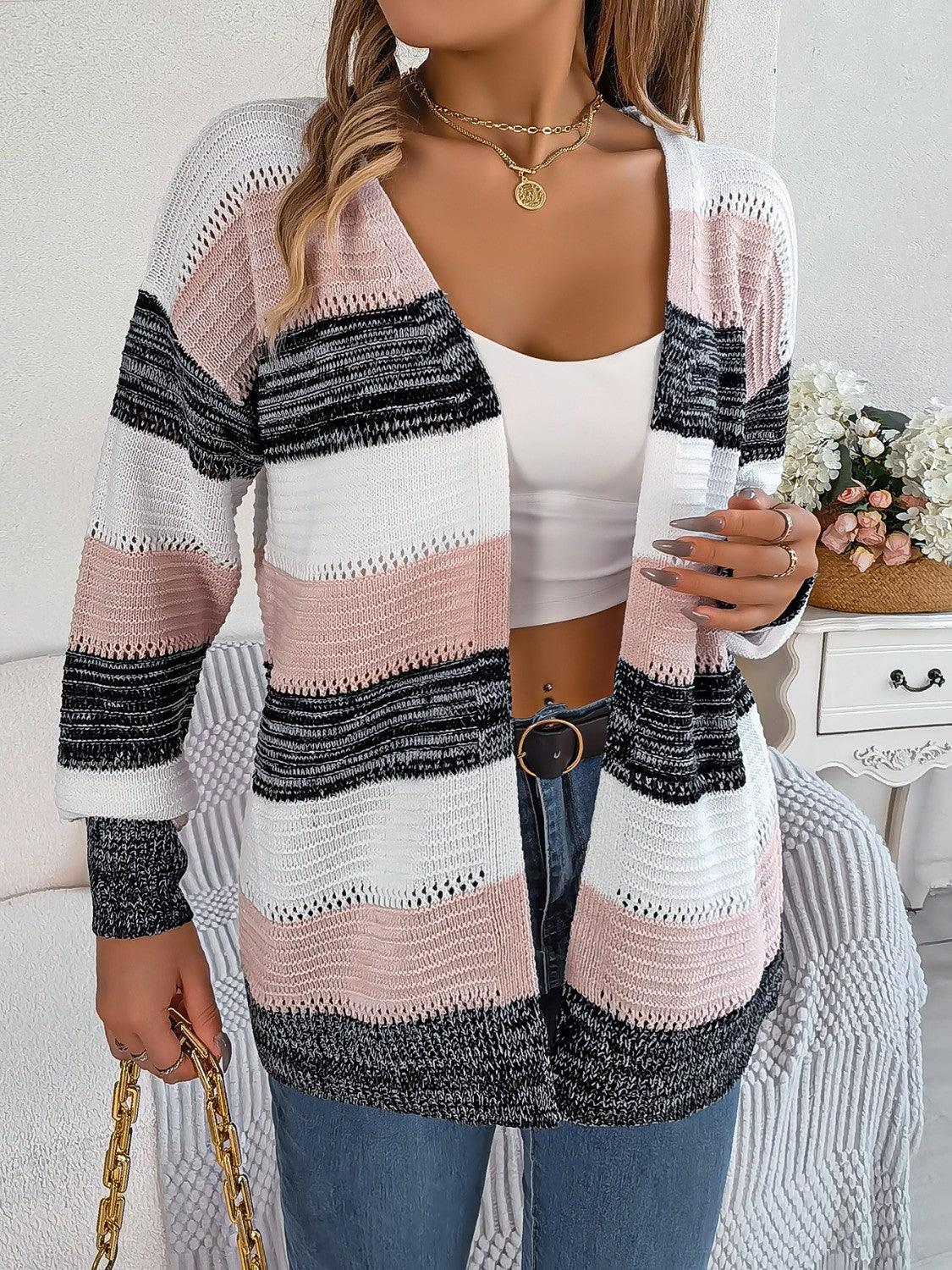 Openwork Striped Open Front Cardigan Carauana Store
