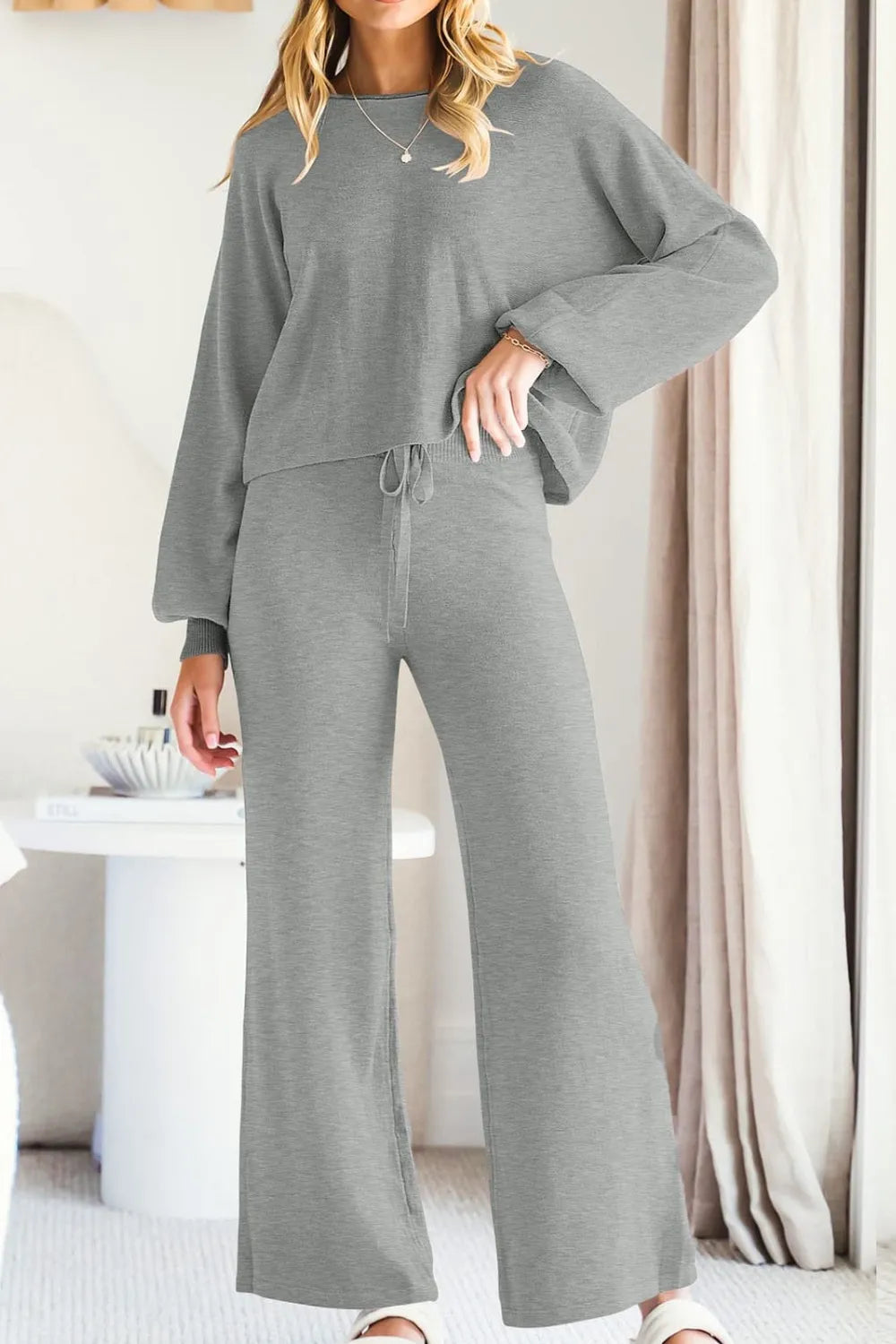 Round Neck Long Sleeve Top and Pants Set Carauana Store