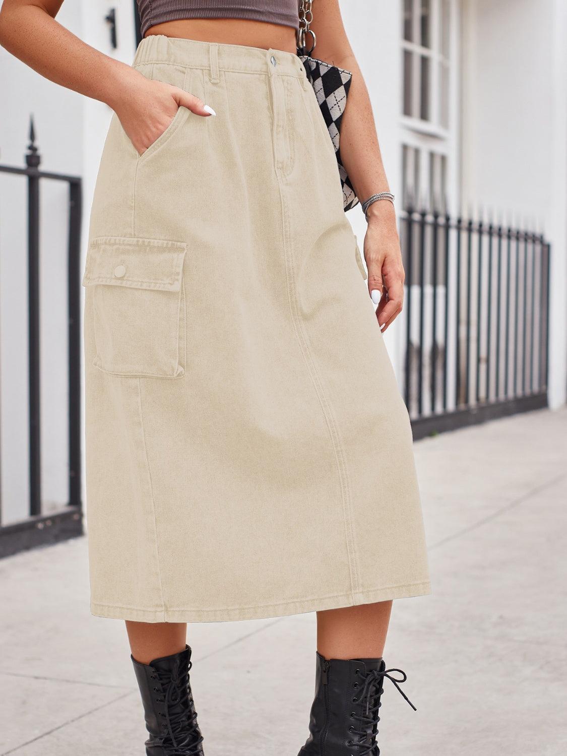 Slit Buttoned Denim Skirt with Pockets Carauana Store