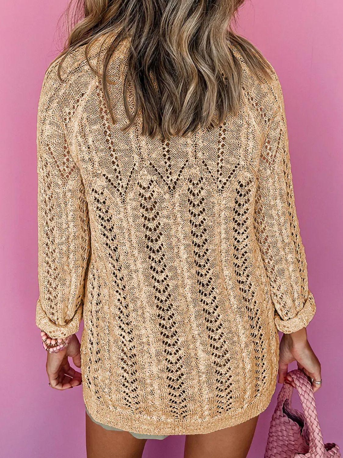 Openwork Open Front Long Sleeve Cardigan Carauana Store