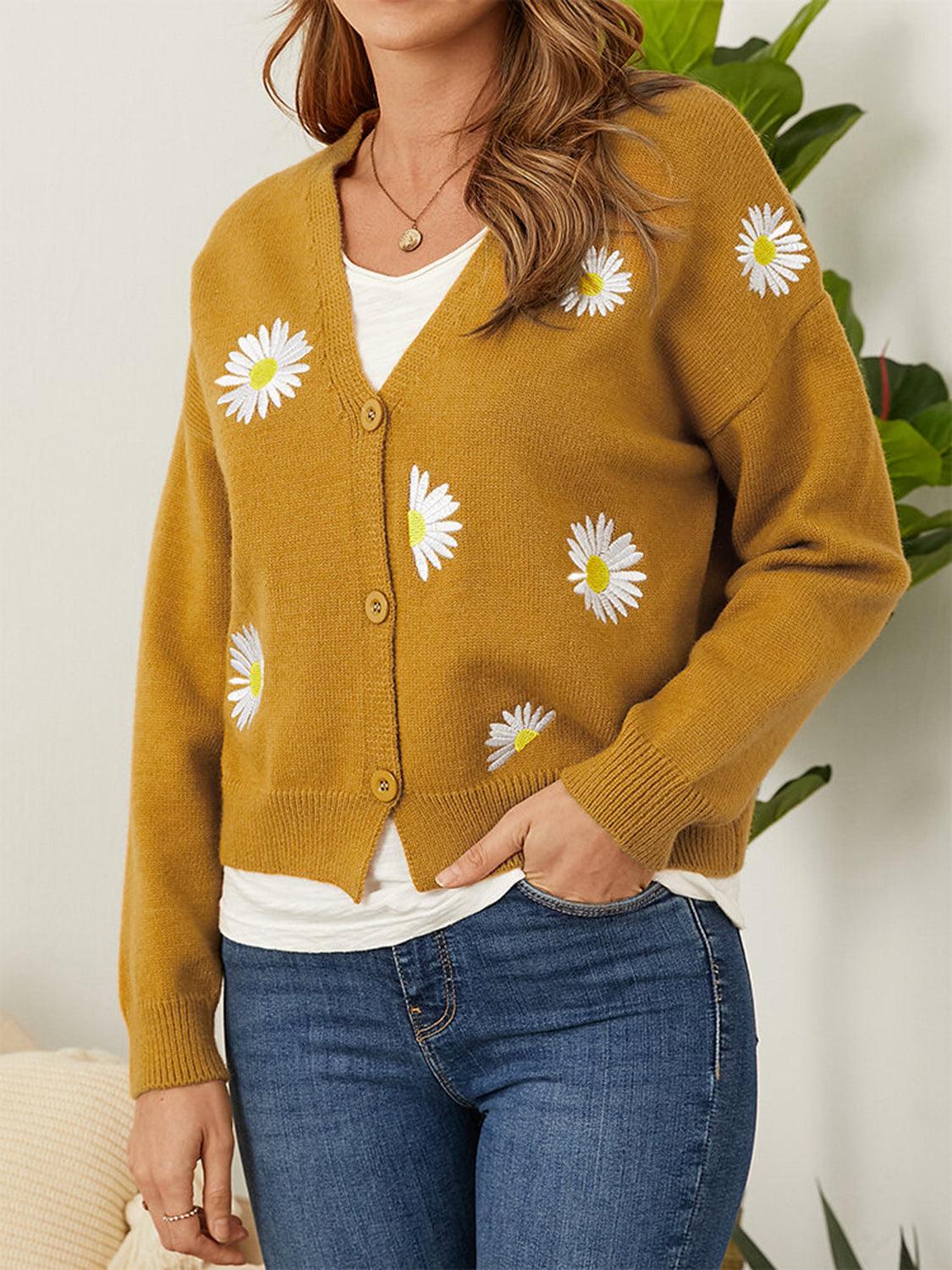 Flower Button Front Dropped Shoulder Cardigan Carauana Store