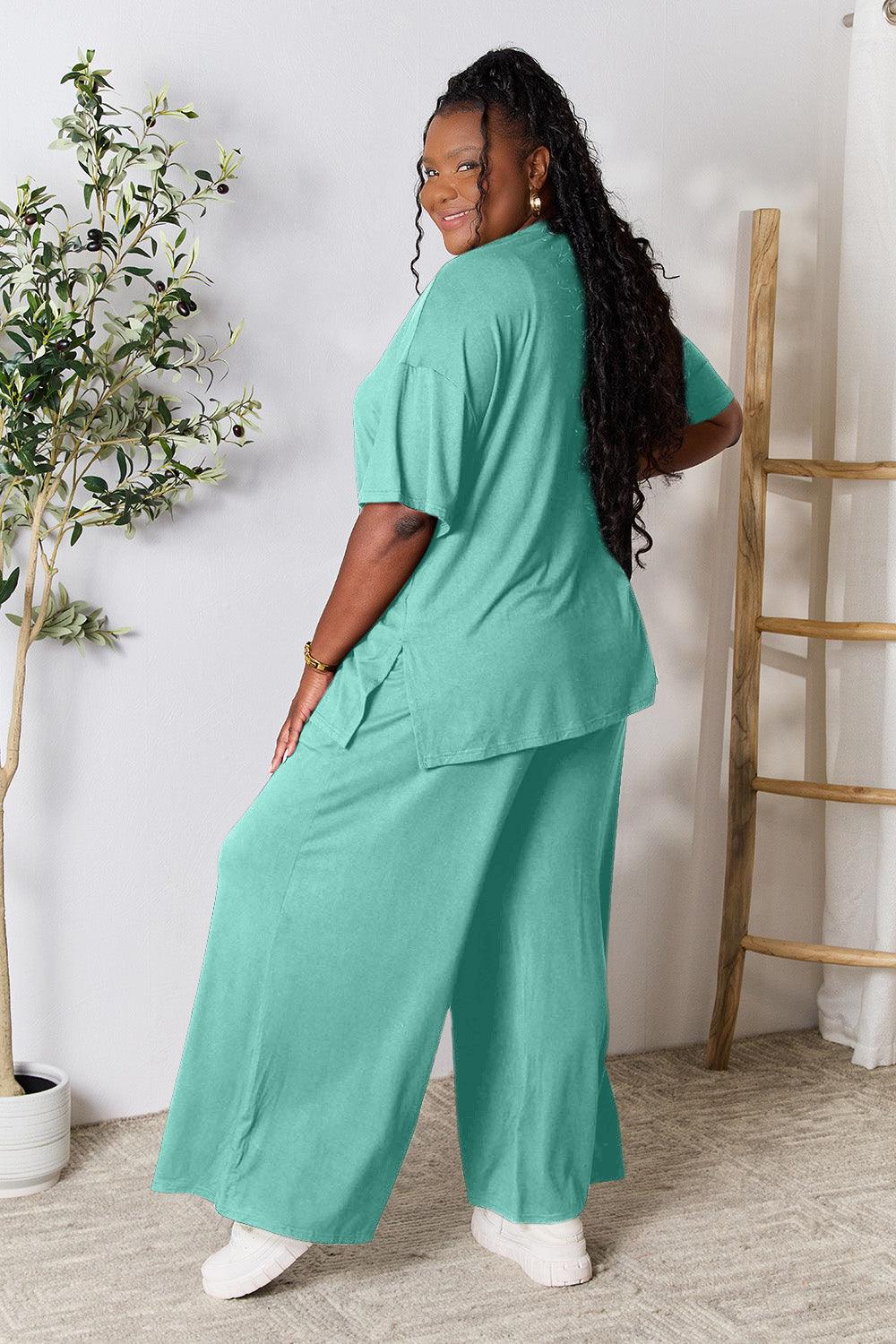 Double Take Full Size Round Neck Slit Top and Pants Set Carauana Store