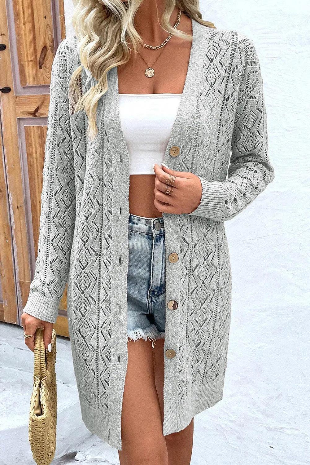 Openwork Button Down Long Sleeve Cardigan Carauana Store