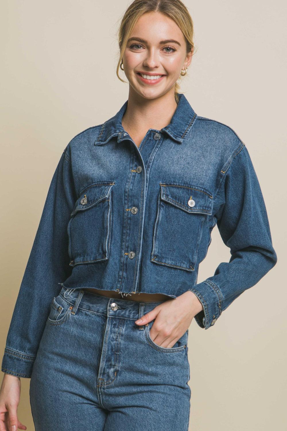 LOVE TREE Raw Hem Button Up Cropped Denim Jacket Carauana Store