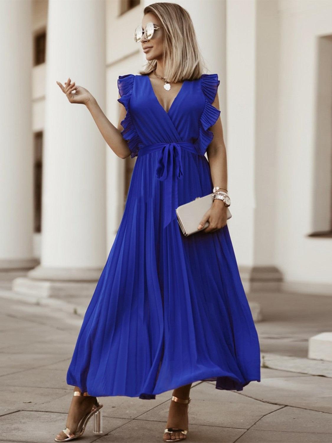 Tied Surplice Cap Sleeve Pleated Dress Carauana Store
