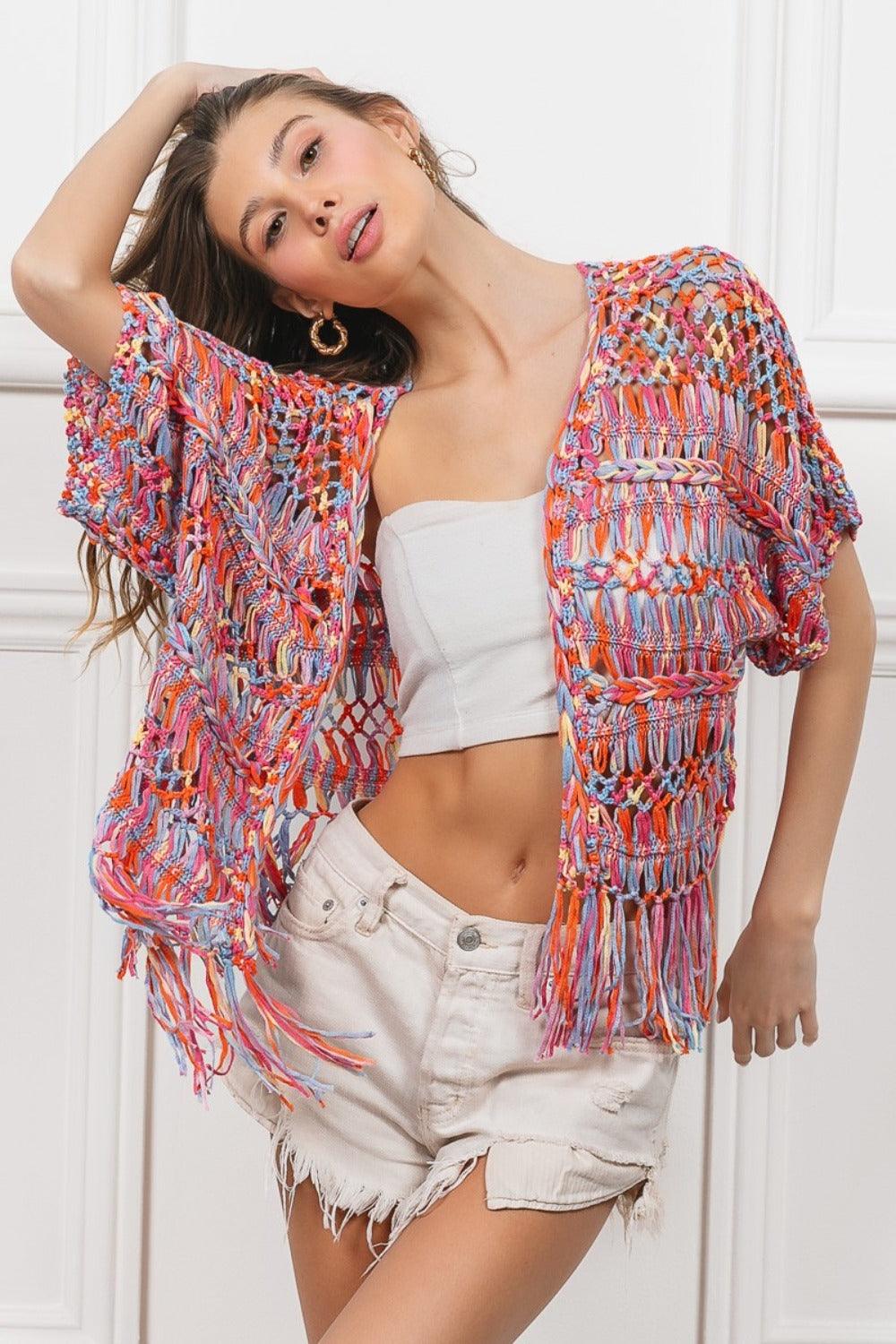 BiBi Open Front Fringed Crop Knit Cardigan Carauana Store