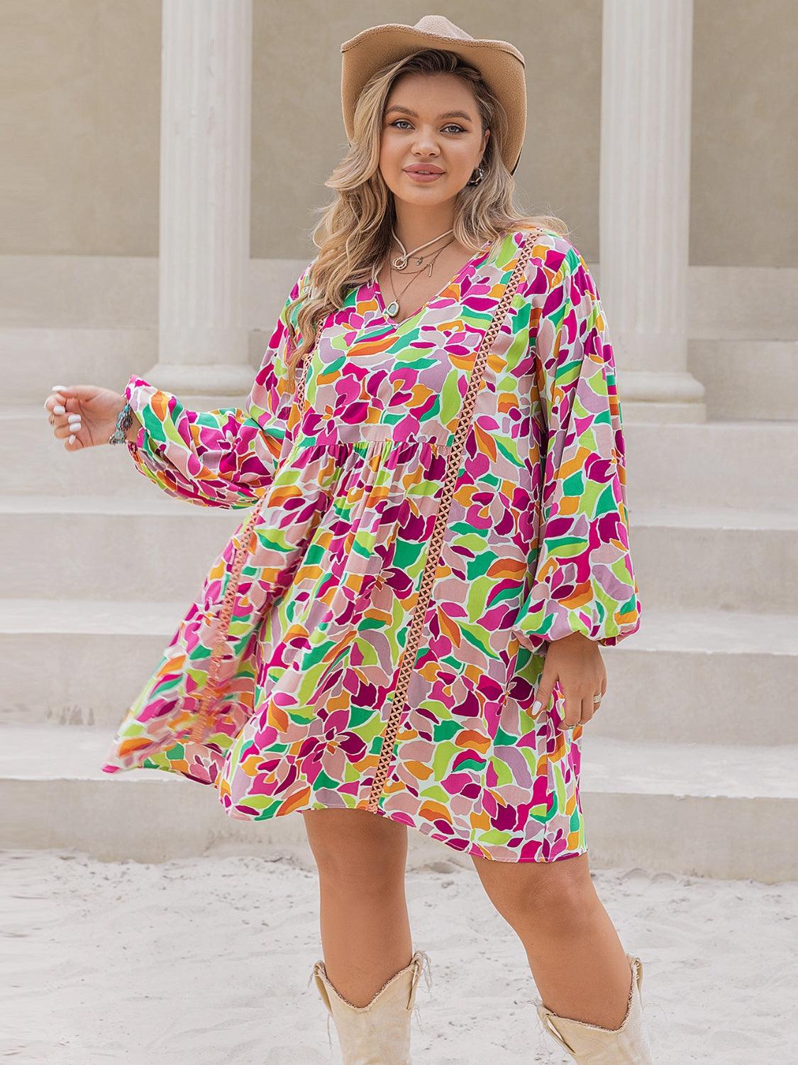 Plus Size Printed V-Neck Balloon Sleeve Mini Dress Carauana Store