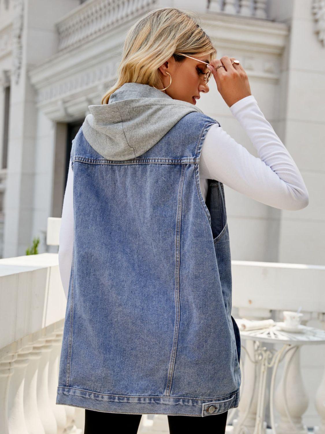 Drawstring Hooded Sleeveless Denim Top with Pockets Carauana Store