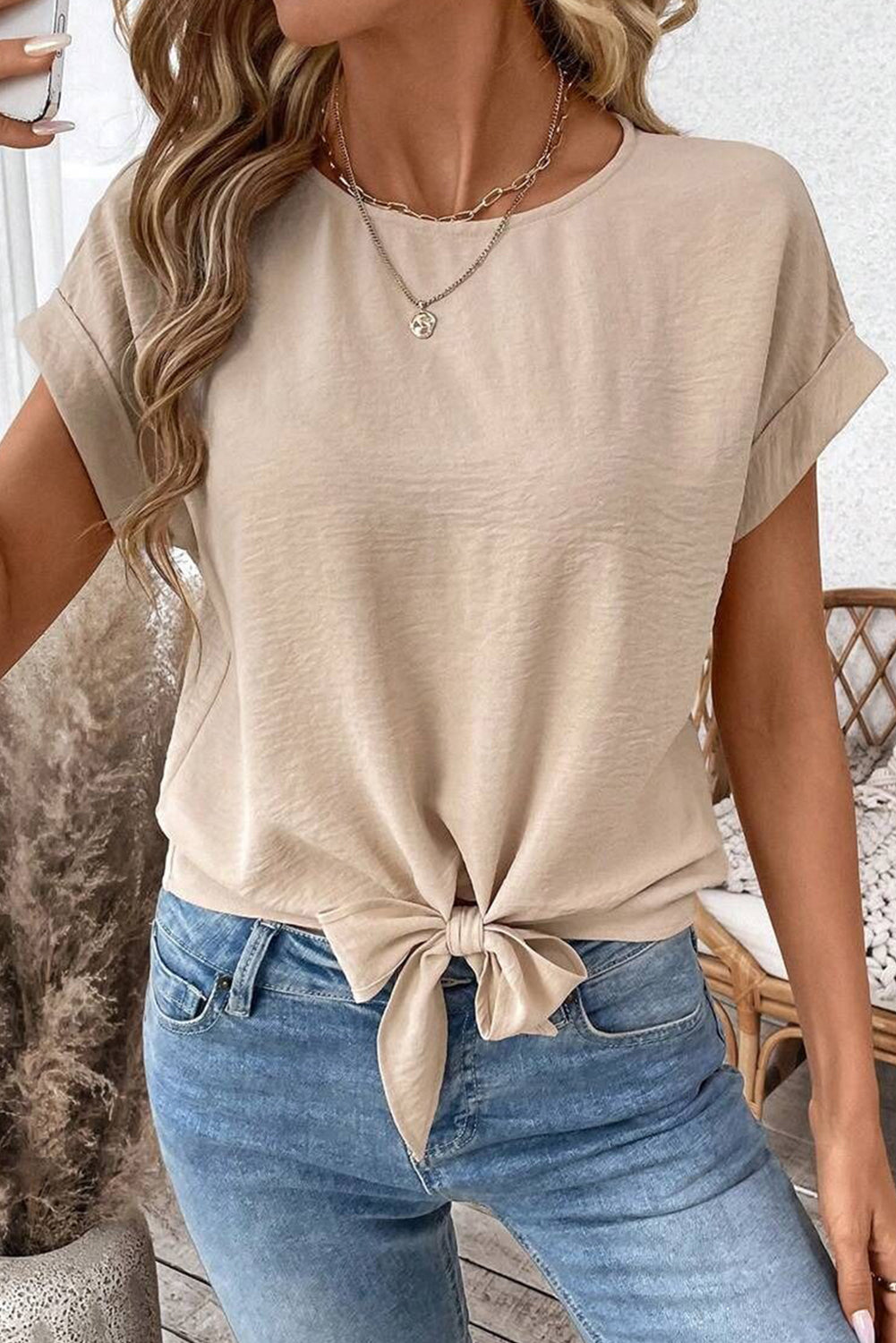 Parchment Solid Color Knotted Hem Short Sleeve Blouse
