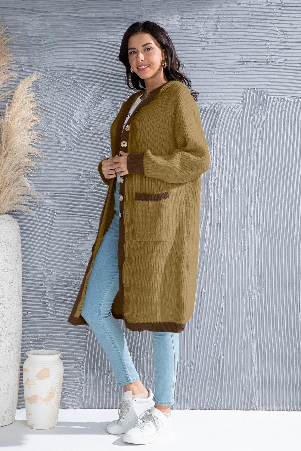 Button Up Contrast Trim Hooded Cardigan Carauana Store