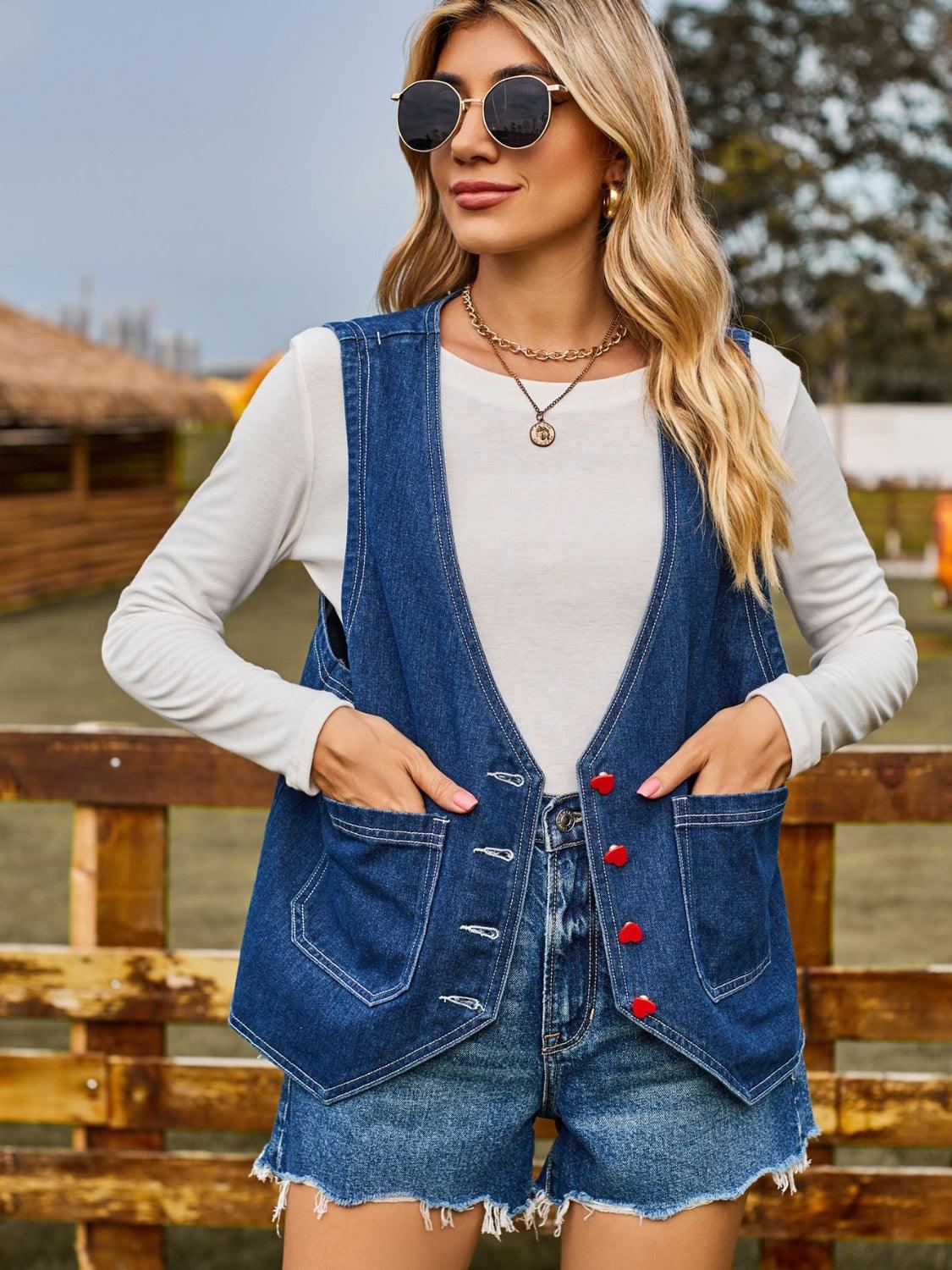 Pocketed Button Up Sleeveless Denim Jacket Carauana Store