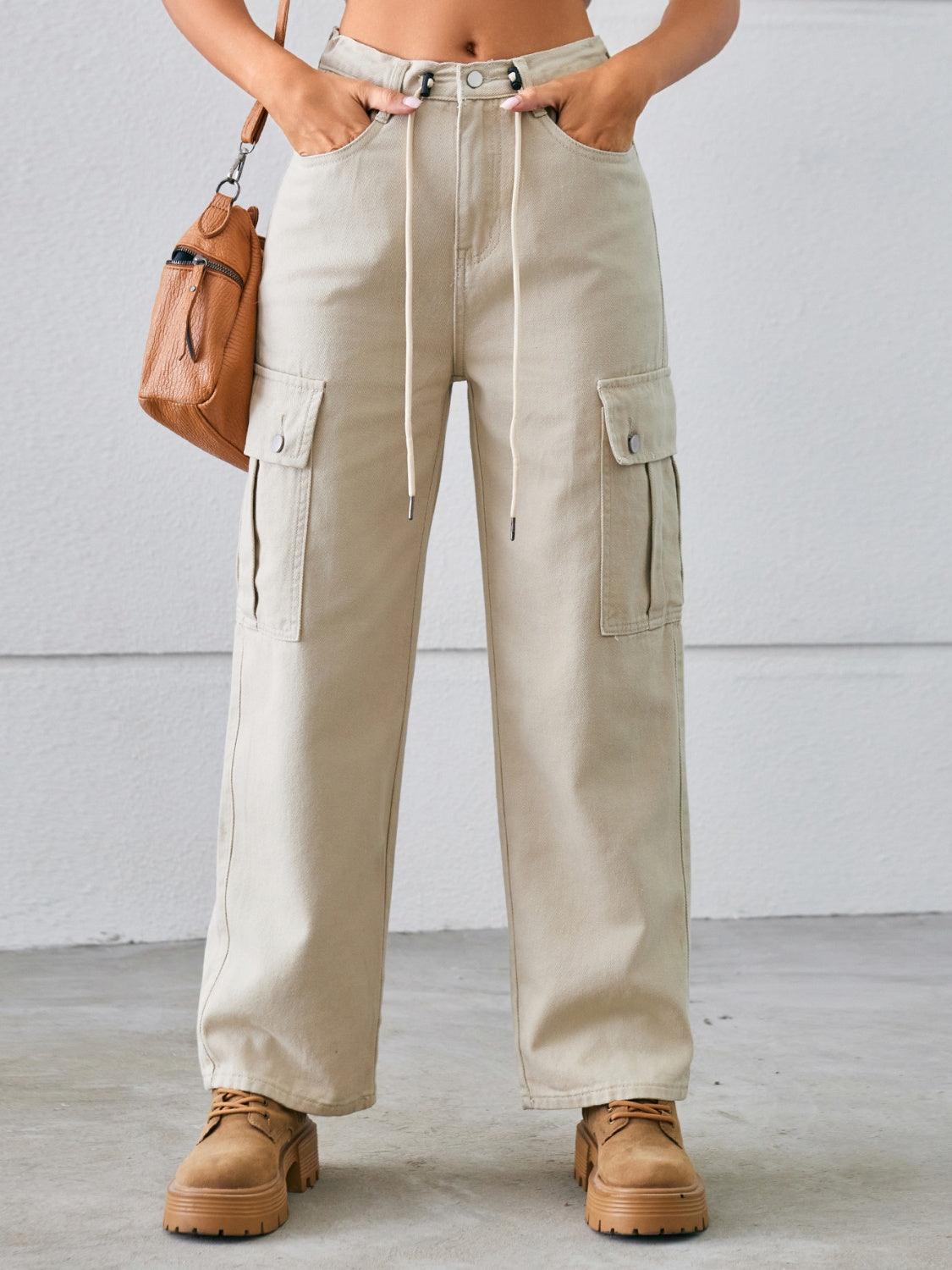 Drawstring Mid-Rise Waist Straight Cargo Jeans Carauana Store