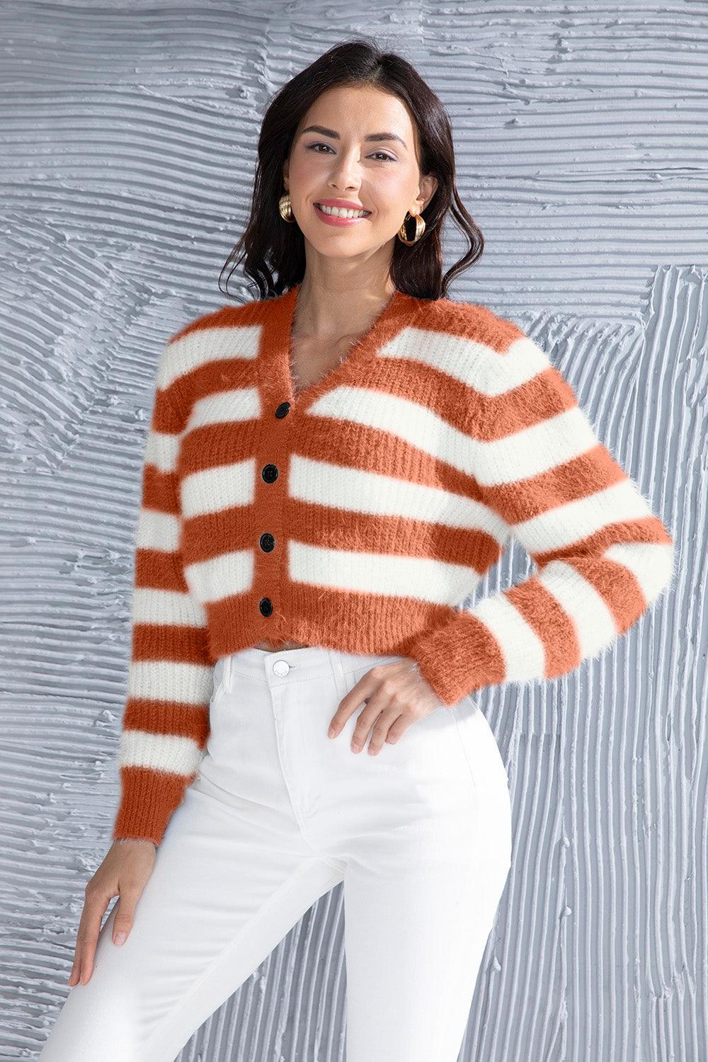 Striped Button Up Cropped Cardigan Carauana Store