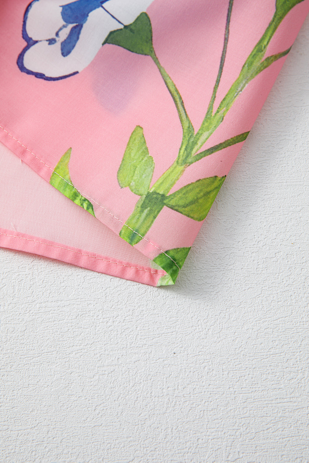 Pink Floral Print Striped Notched V Neck Bubble Sleeve Blouse