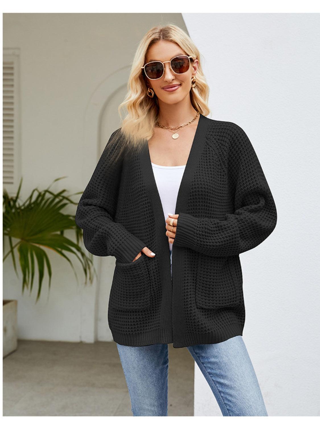 Open Front Raglan Sleeve Pocketed Cardigan Carauana Store
