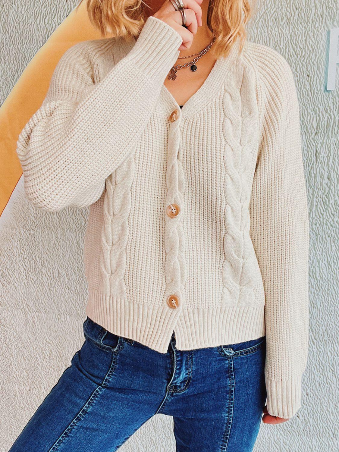 Cable-Knit V-Neck Button Down Long Sleeve Cardigan Carauana Store