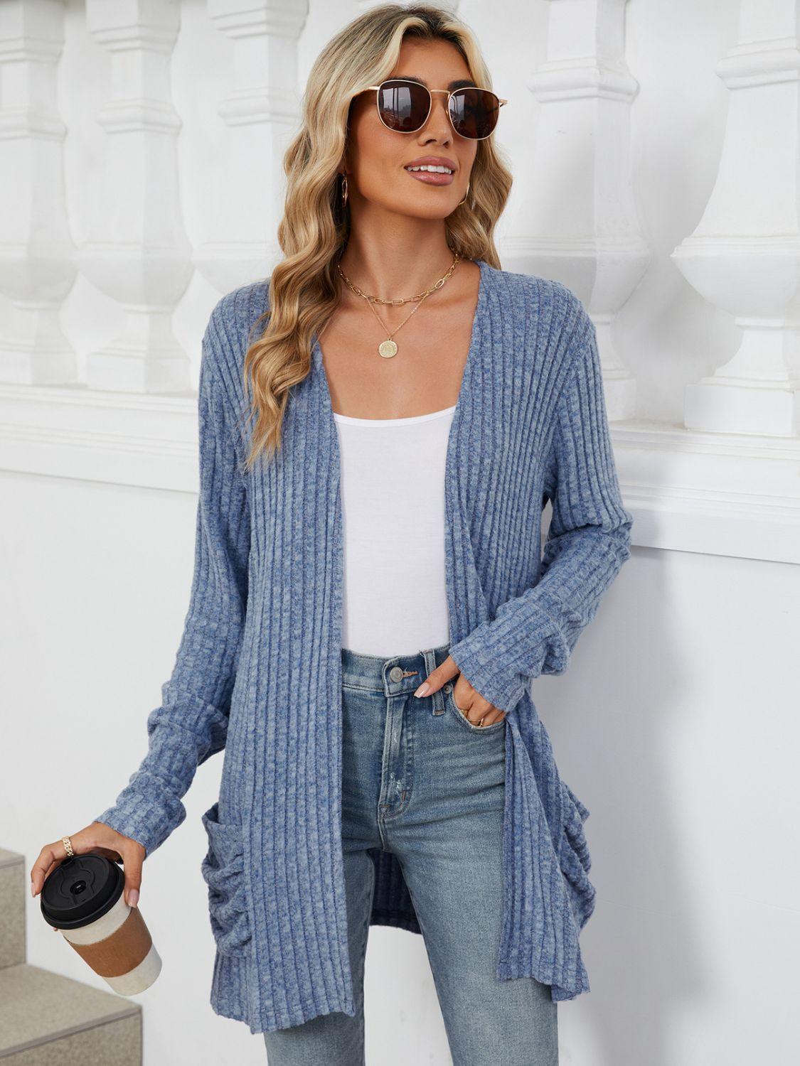 Pocketed Open Front Long Sleeve Cardigan Carauana Store
