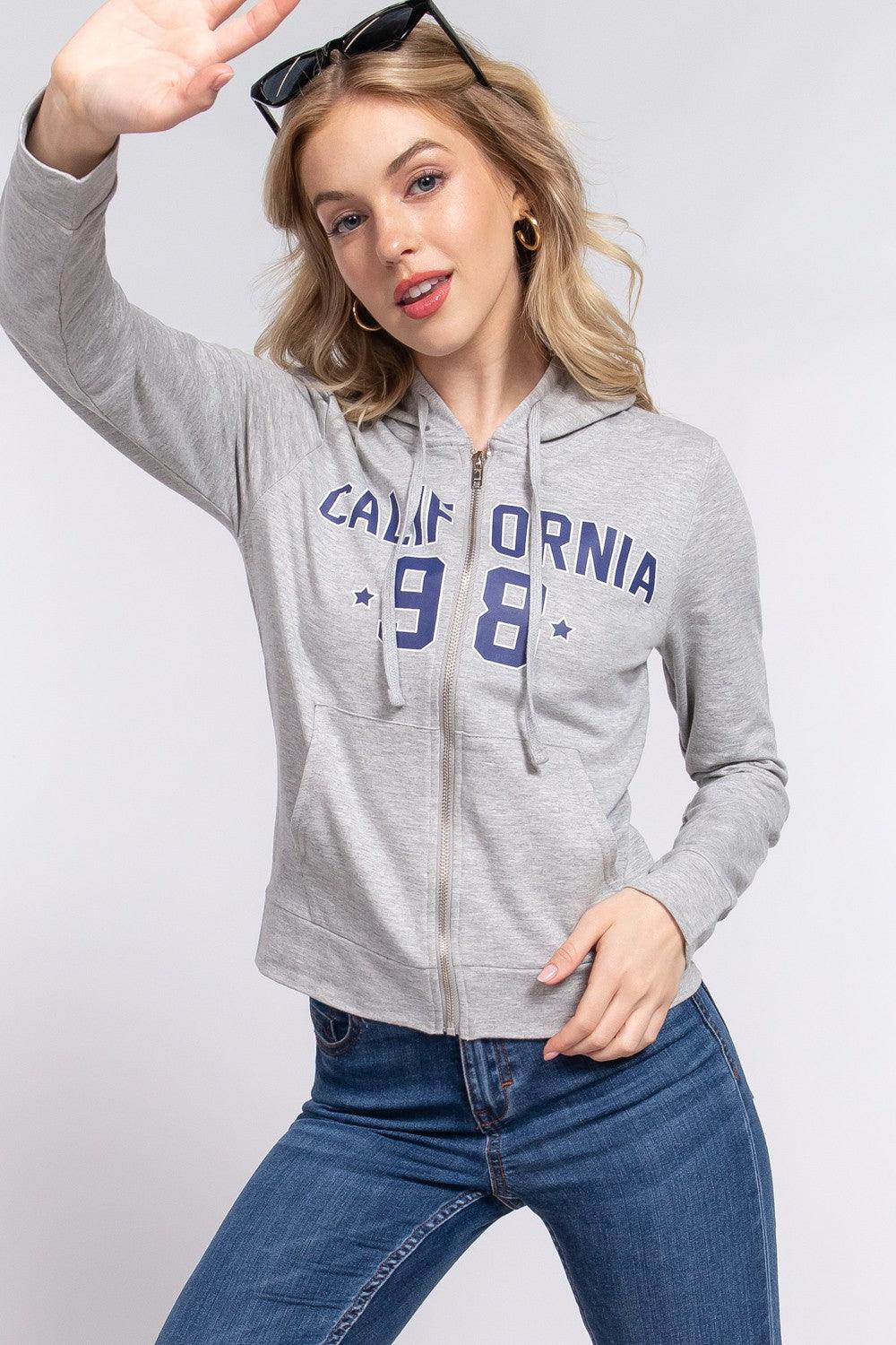 ACTIVE BASIC CALIFORNIA Zip Up Drawstring Long Sleeve Hoodie Carauana Store