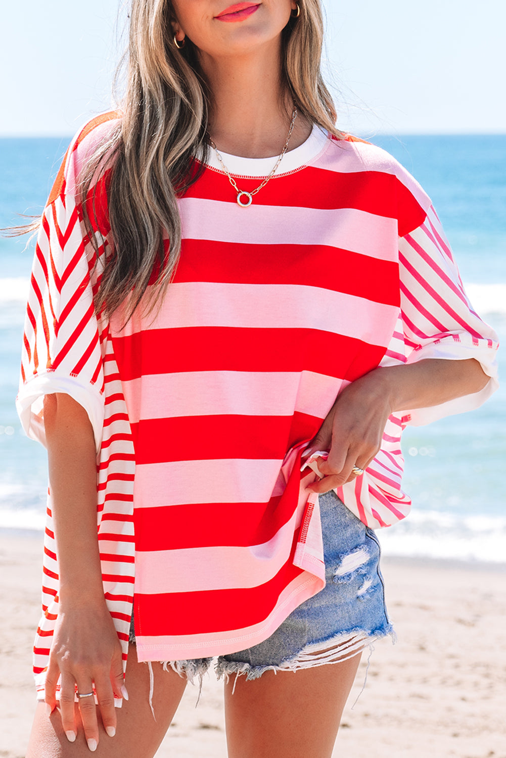 Pink Stripe Patchwork Round Neck Side Split Loose T Shirt